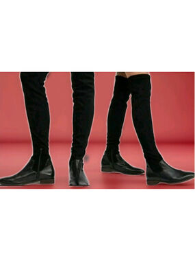 FREE PEOPLE-BICOASTAL Over Knee Boots-Black- Low Heel-Zip & Tie Sz 36/6